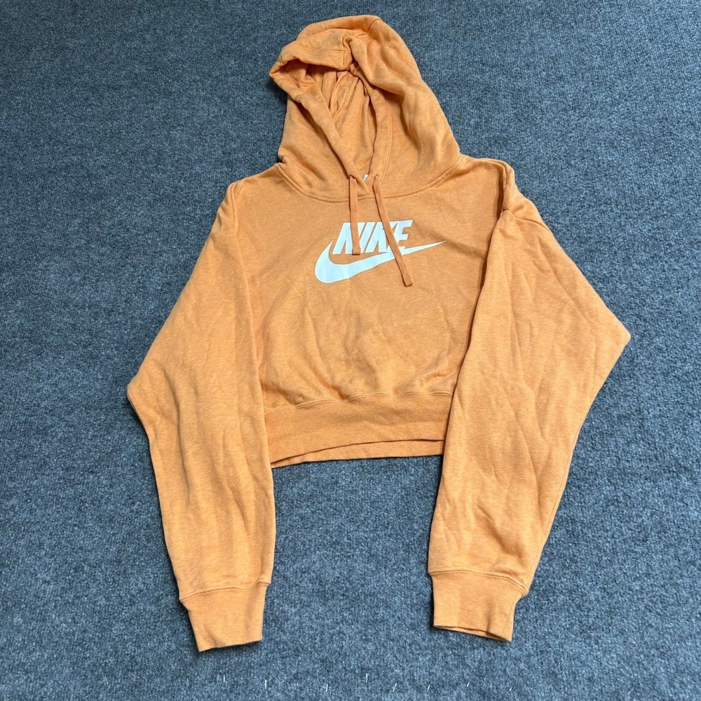 Nike Hoodie Womens Size S Orange Cropped Futura Logo Fleece Pullover Athletic